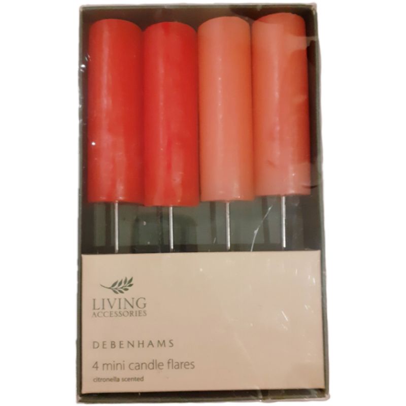 DEBENHAMS LIVING ACCESSORIES 4 MINI CANDLE FLARES BLUE GREEN PINK RED CANDLES LILIN TANCAP