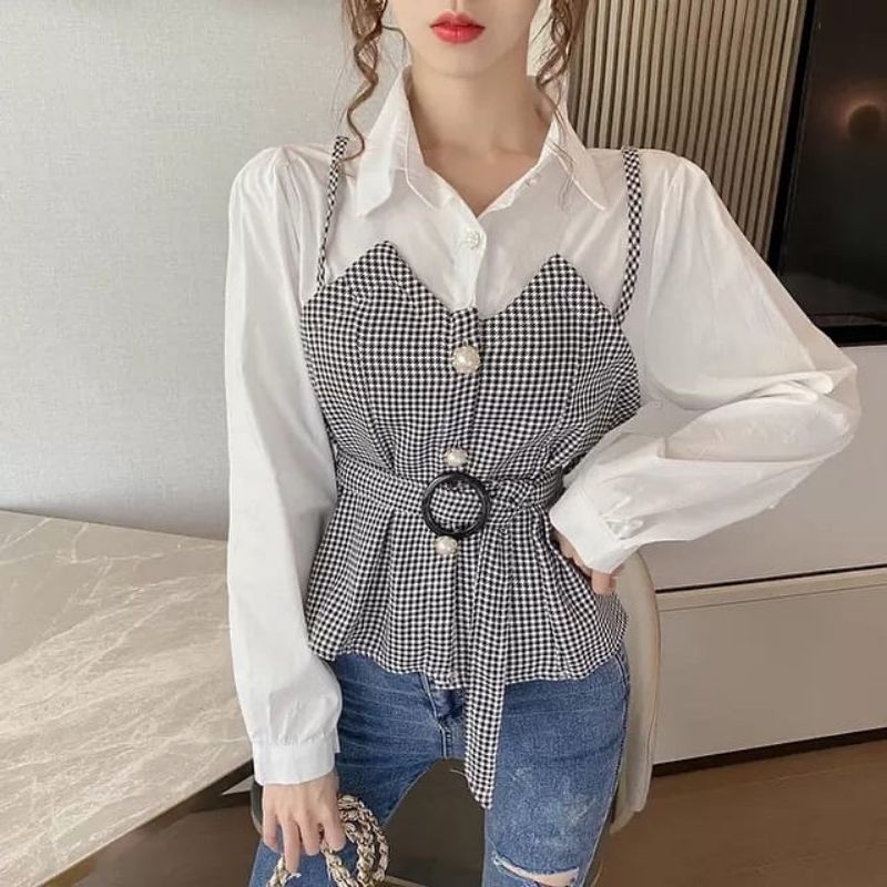 Vita blouse atasan top baju muslim mix katun kotak fashion korean