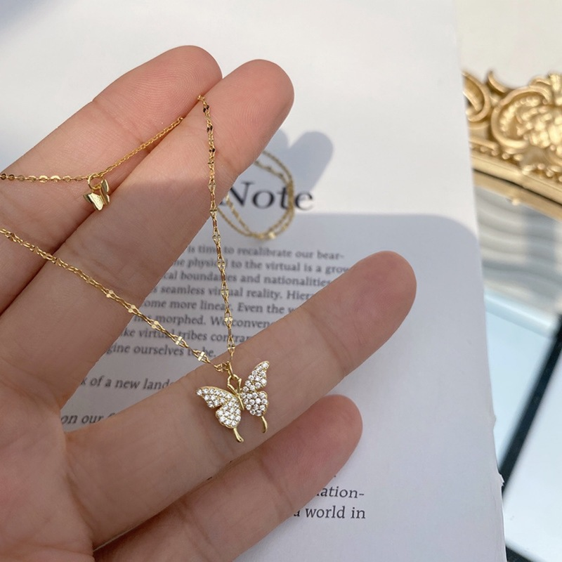 Korea Indah Double Layer Berlian Liontin Kalung Kupu-Kupu Untuk Wanita Fashion Perhiasan Hadiah Perhiasan Permen