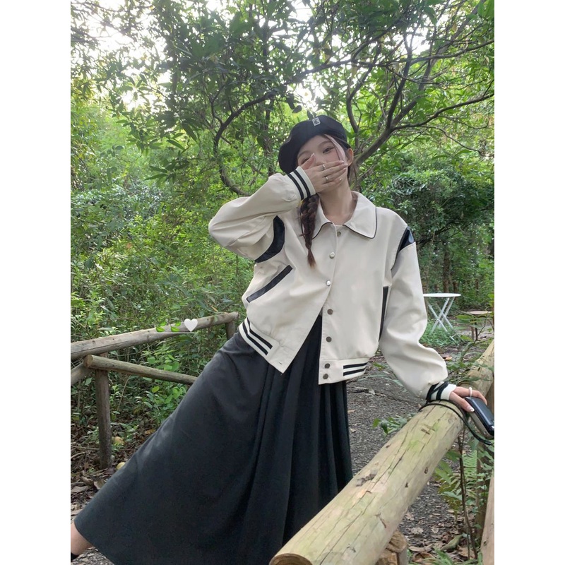 #Sisjuly# Wanita menjahit jaket bisbol pendek, atasan jaket tipis longgar baru HLLC