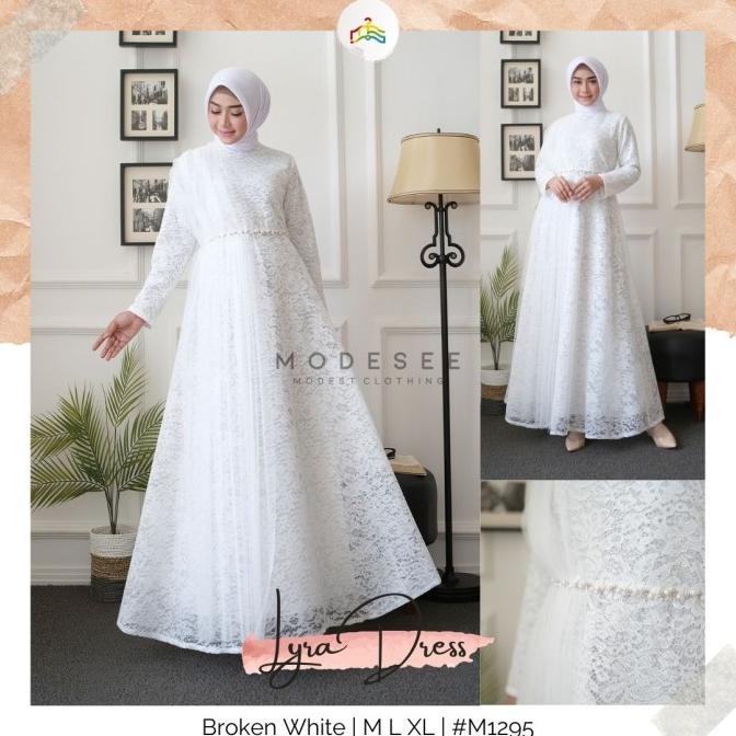 Modesee Gamis Putih Polos Brukat Mewah Aksen Payet Wanita Muslim Lyra