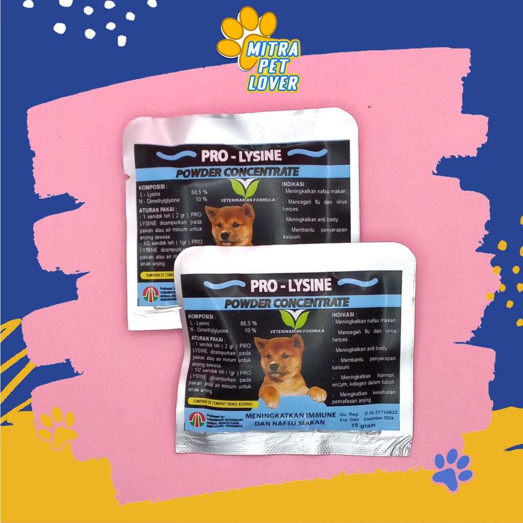 PENAMBAH NAFSU MAKAN ANJING - PROLYSINE DOG POWDER - PRO LYSINE 15 GRAM - SUPLEMEN BUBUK TAMBAH NAFSU MAKAN &amp; ANTIBODY HORMON &amp; ENZYM - CEGAH FLU - HEALTHCARE VETERINARY TAMASINDO OBAT KESEHATAN DAN VITAMIN TERNAK HEWAN BINATANG PELIHARAAN MITRAPETLOVER