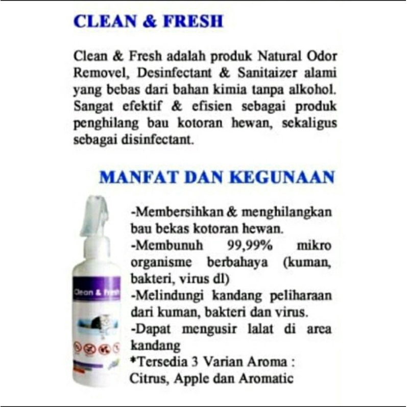 CLEAN &amp; FRESH DESINFECTANT KANDANG 250ML ORIGINAL / PENGHILANG BAU KANDANG / PENGHILANG BAU KENCING