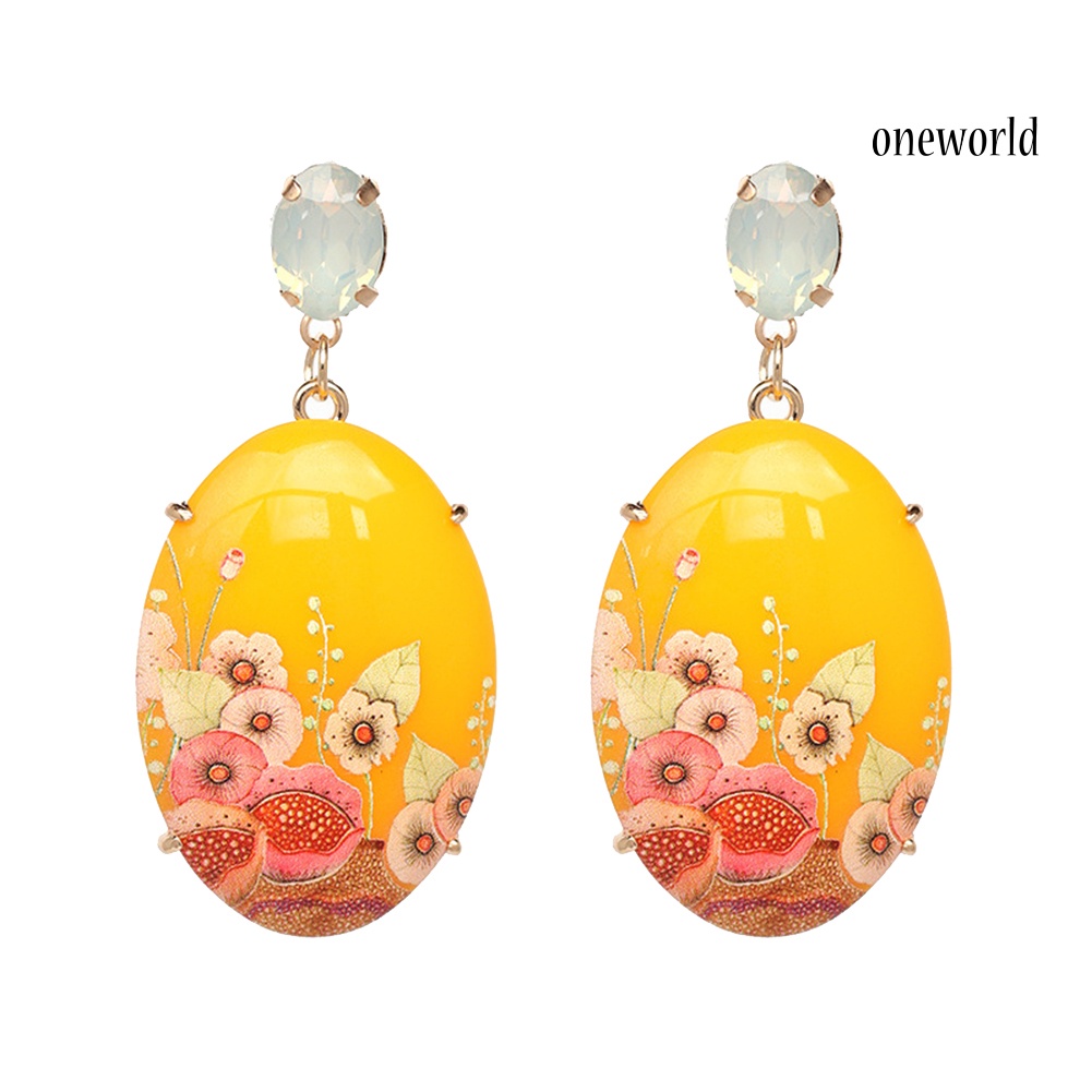 OW@ Elegant Women Resin Oval Shape Flower Pendant Earrings Rhinestone Inlaid Jewelry