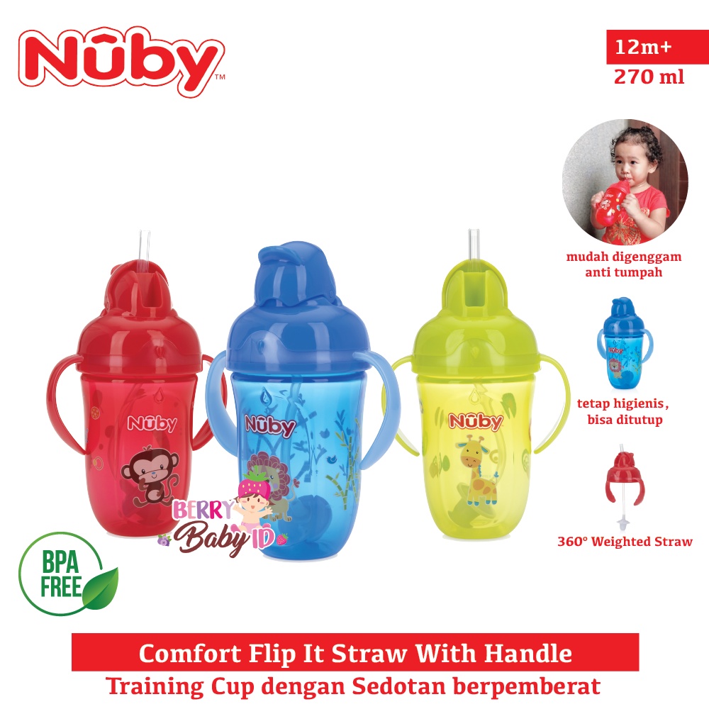 Nuby PP Comfort Flip It Straw With Handle Botol Minum Bayi Anak Botol Sedotan BPA Free 12m+ Berry Mart