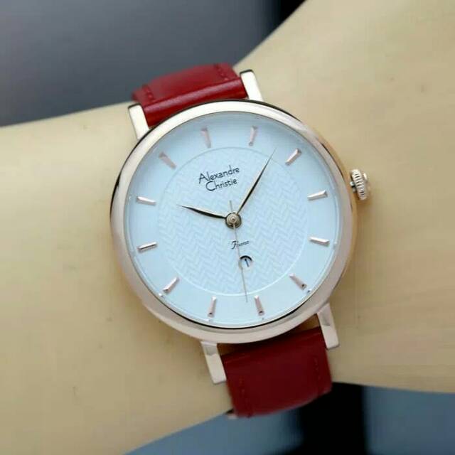 JAM TANGAN WANITA / CEWEK ALEXANDRE CHRISTIE ROSE GOLD RED TALI KULIT ORI - MERAH ROSEGOLD AC 2750