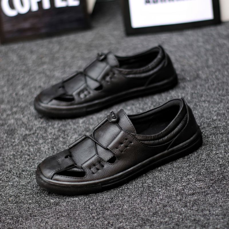 SENSEI Sepatu Sandal Pria Casual Kulit Asli Sandal Slip On Sendal Bustong Santai Murah