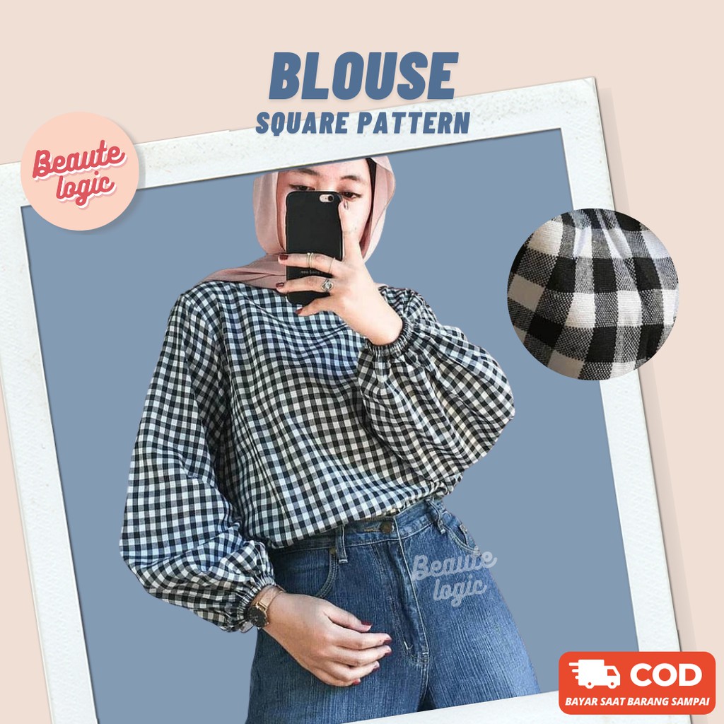 Blouse Korean Style Lengan Balon Panjang Motif Kotak Pakaian Atasan Muslim Fashion Korea Wanita