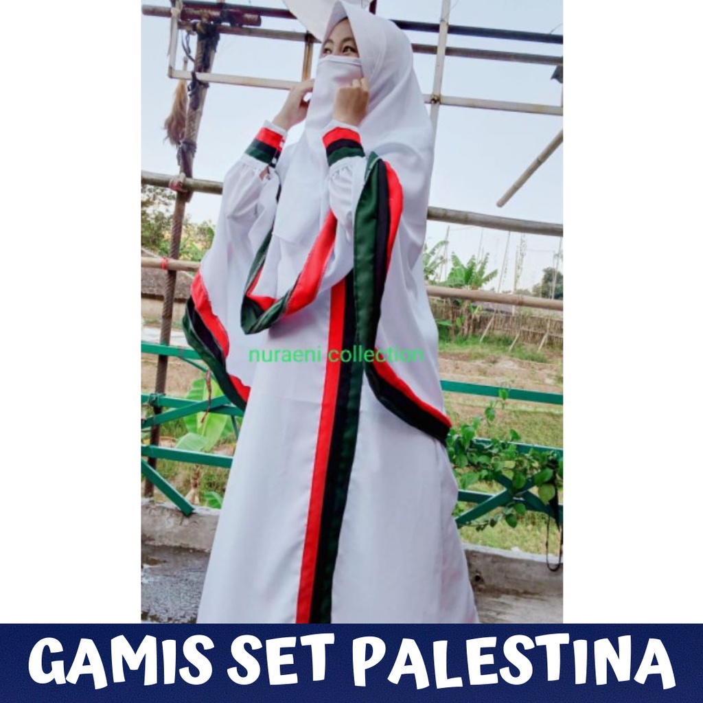 SET gamis perempuan dewasa palestina syari hitam & putih terbaru set dengan cadar pakaian muslim wan