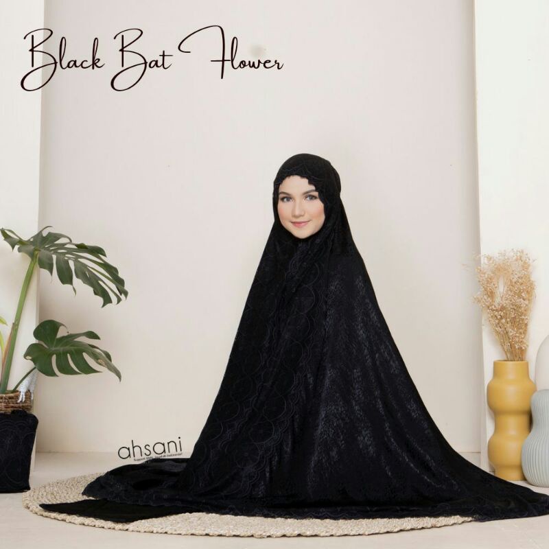 AHSANI Black Bat Flower Mukena Zahra Embos Dewasa Jumbo