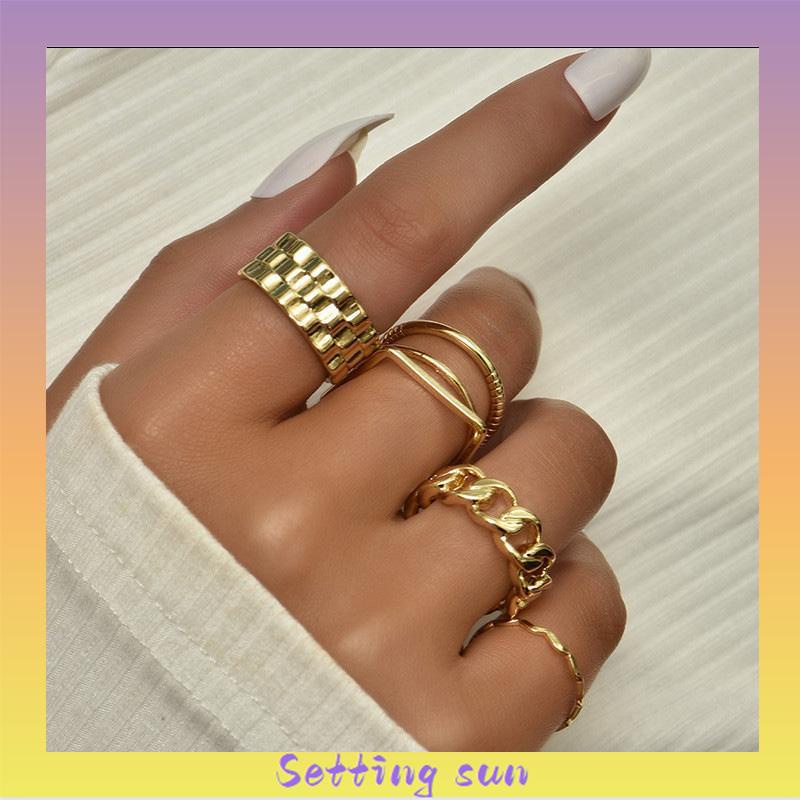 4pcs / Set Cincin Jari Telunjuk Bentuk Geometris Gaya Retro Untuk Wanita TN