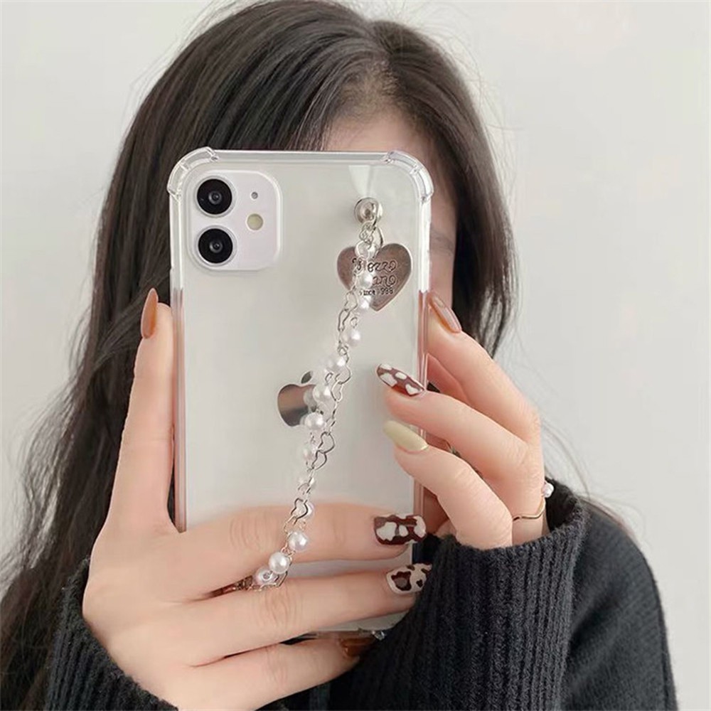 IPhone7/8plus 11 Soft Cover Transparent TPU Pearl  Love Pendant Chain Phone Case