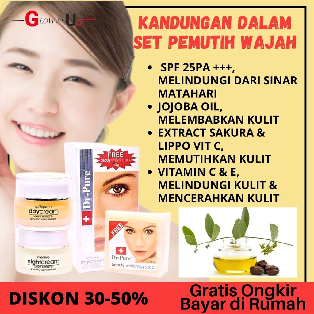 CREAM PENCERAH WAJAH DR PURE SET WHITENING CREAM KRIM SIANG MALAM PERAWATAN WAJAH