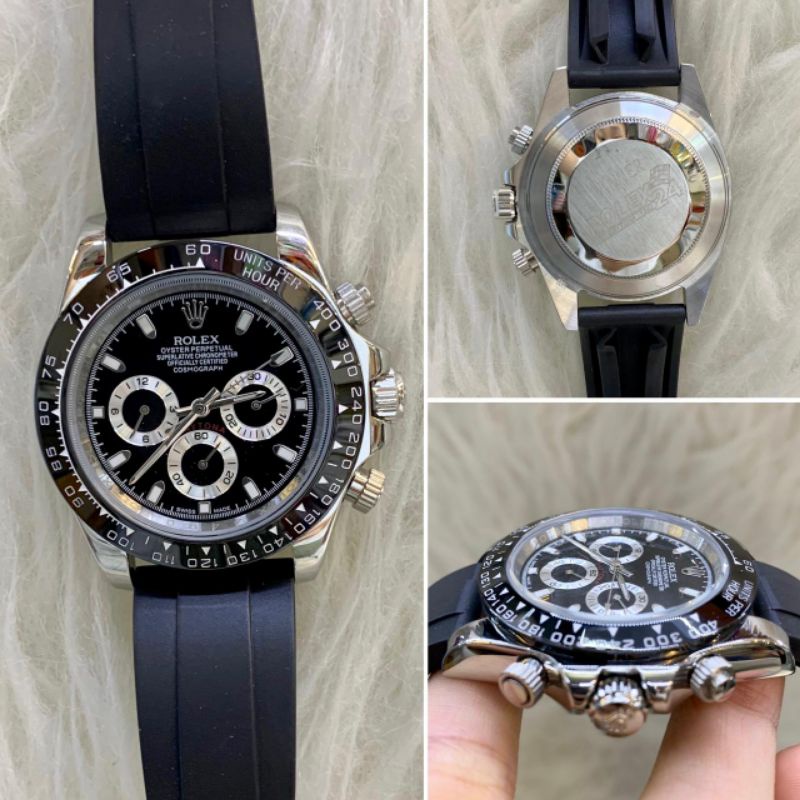 REAL PICT - JAM TANGAN PRIA AUTOMETIC ROLEX DAYTONA PREMIUM QUALITY SILVER PLAT HITAM