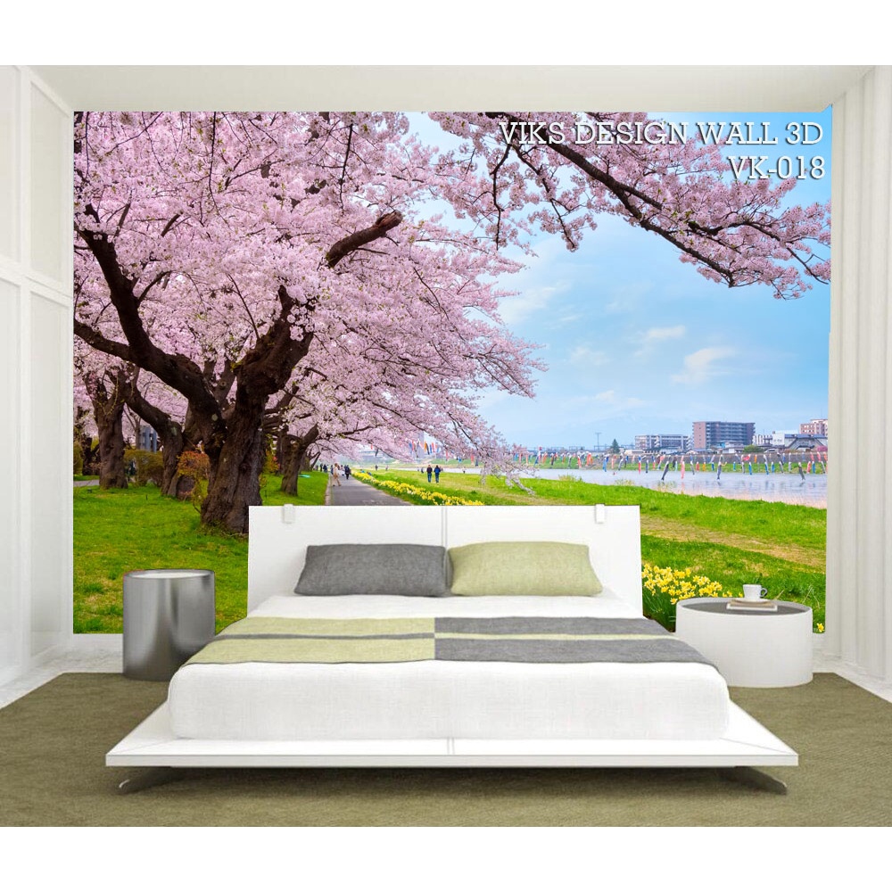 CETAK Wallpaper Dinding Kamar Tidur, Stiker Dinding Pohon Sakura 3 dimensi