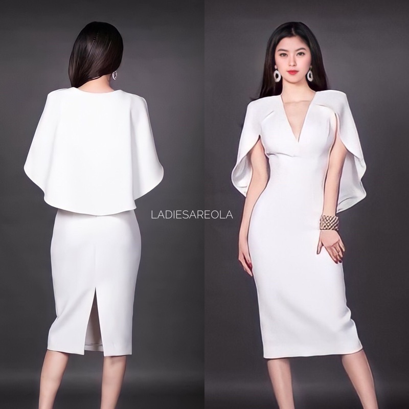 SHEAL DRESS - Cape dress murah bolero dress pesta midi formal kasual v neck dress putih big size plu