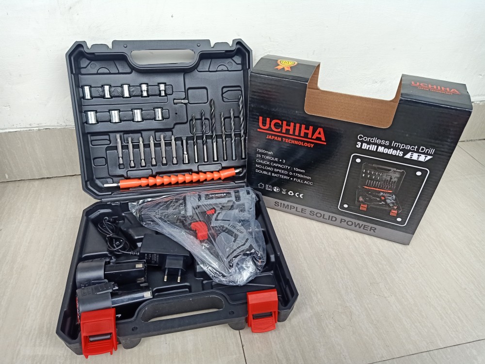 Mesin Bor Baterai Kayu Besi Obeng Elektrik Uchiha Japan Cordless Drill