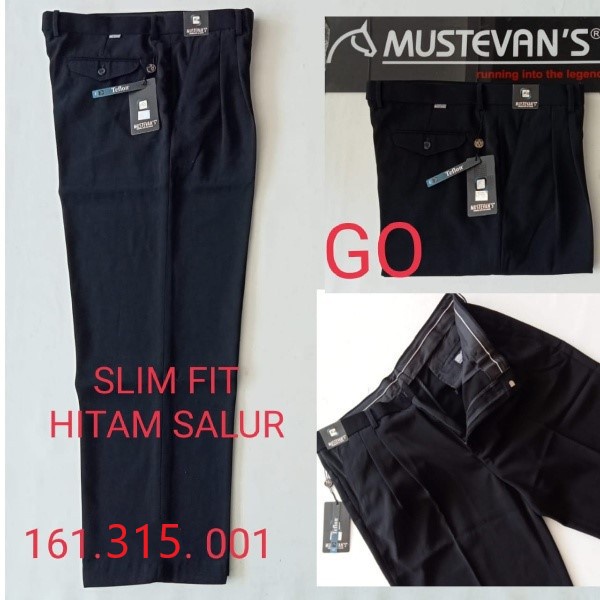 gos MUSTEVANS SLIMFIT Celana Panjang Hitam Pria Sopan Formal Teflon Streacth Motif Super Black