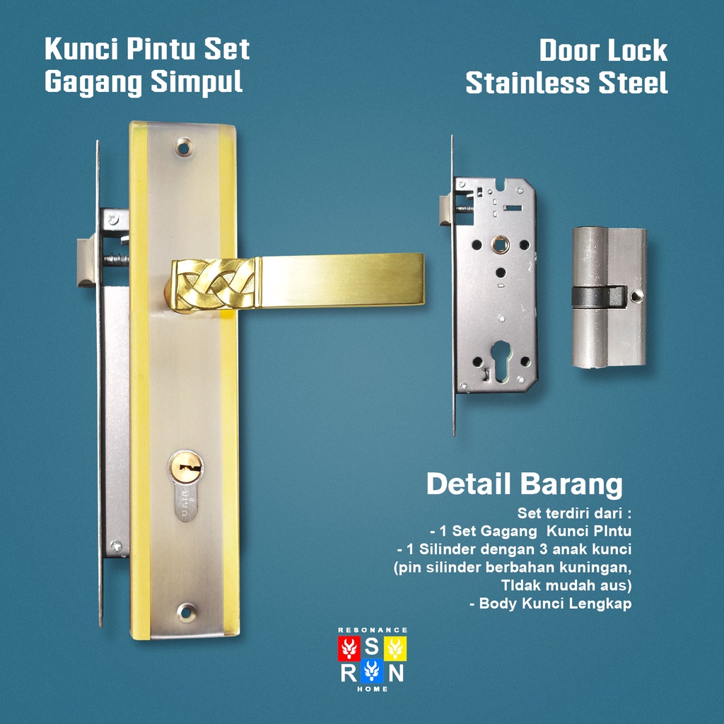 Kunci Pintu Besar Gagang Simpul GOLD / Silinder Full Set Resonance Home