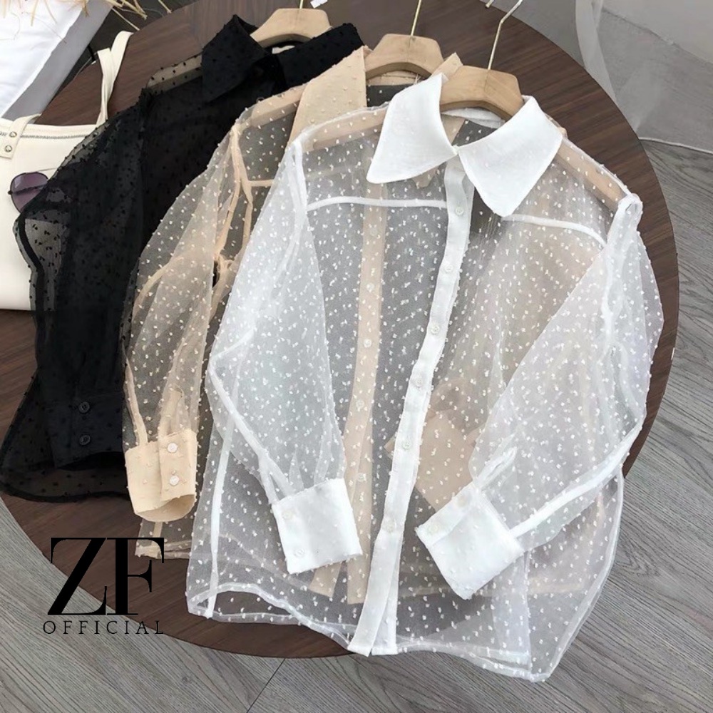 Baju Outer Transparan Wanita Lengan Panjang Bahan Dot Tile Amora Top