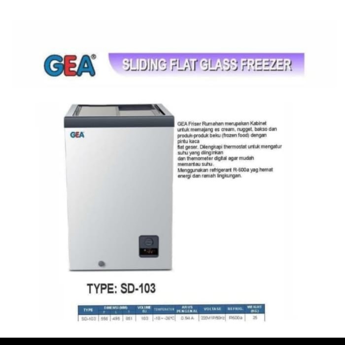 GEA SD-103 / SD103 Sliding Flat Glass Freezer / Glass Chest Freezer 103 Liter 115 Watt