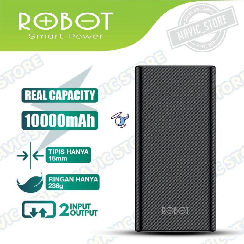 HITAM - POWER BANK POWERBANK PB ROBOT RT170 10000mah DUAL INPUT & OUTPUT ANTI-SLIP -GARANSI 1 TAHUN