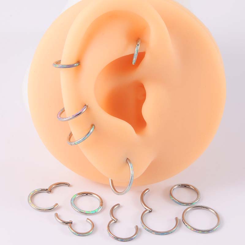 1pc Anting Tindik Hidung / Tubuh Bahan Titanium Steel G23 Dengan Opal Hoop Rook Helix Lobe Pinna 6 / 8 / 10mm