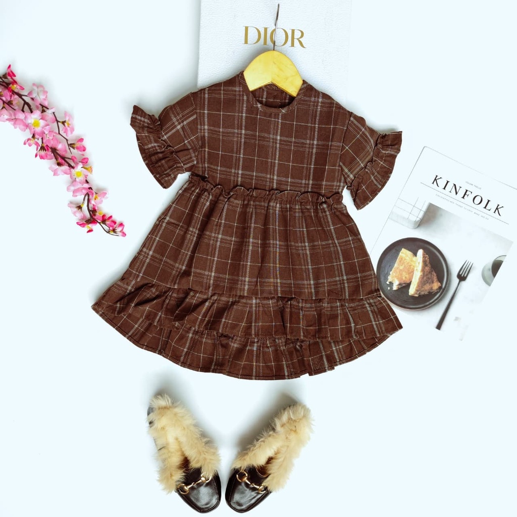 Promo !! Dress anak perempuan / dress full brown wrinkle tartan ukuran 1-3tahun / Dress simple anak import