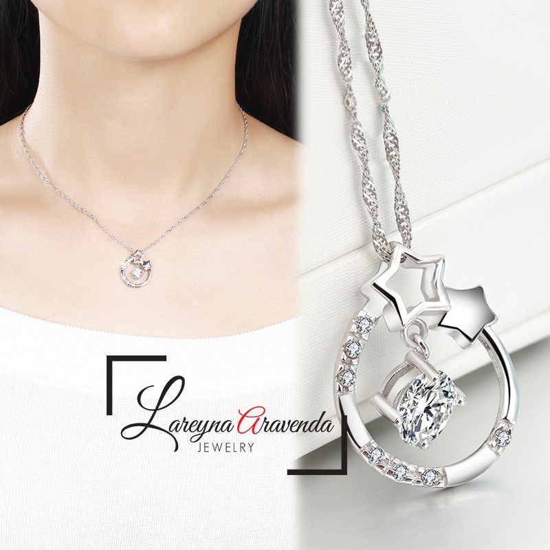 Kalung Titanium Asli + Liontin Wanita Motif Double Star Crystal KL035