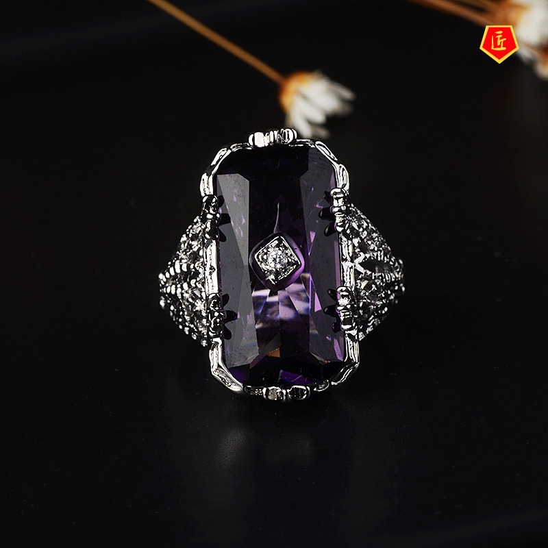 [Ready Stock]Personality Vintage Inlaid Chamfered Rectangular Amethyst Ring