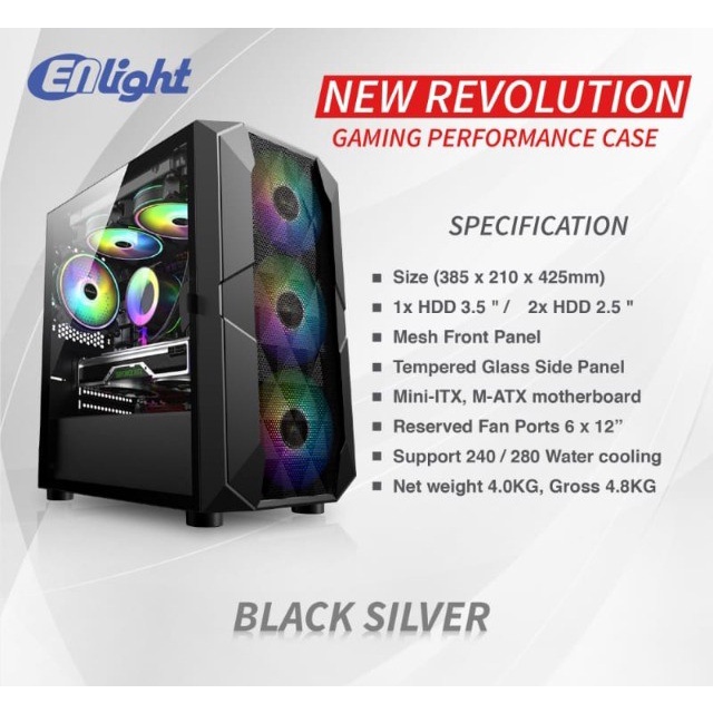 Gaming Case Enlight Black Silver + 1 Fan Twilight Casing Komputer PC