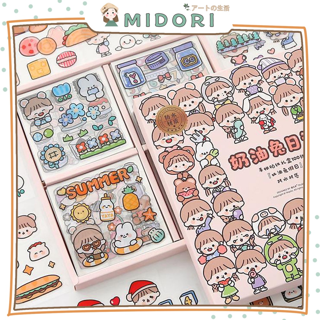 

[MIDORI] 100lembar SET RABBIT GIRLS Sticker PET DIY Scrapbook Stiker Hias Lucu in Box - B0354