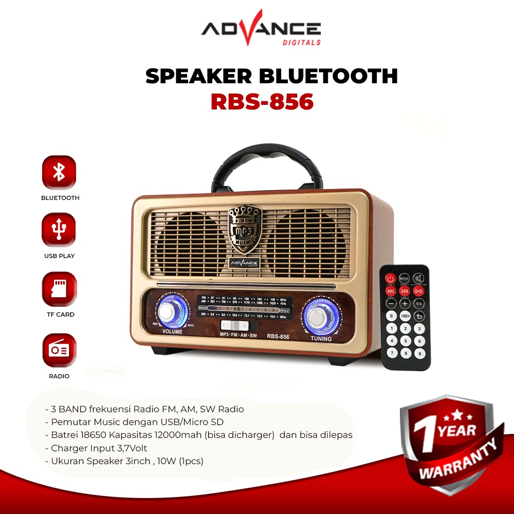 Advance Digitals RBS-856 Speaker Bluetooth Model Radio Tua Clasic Dengan Led