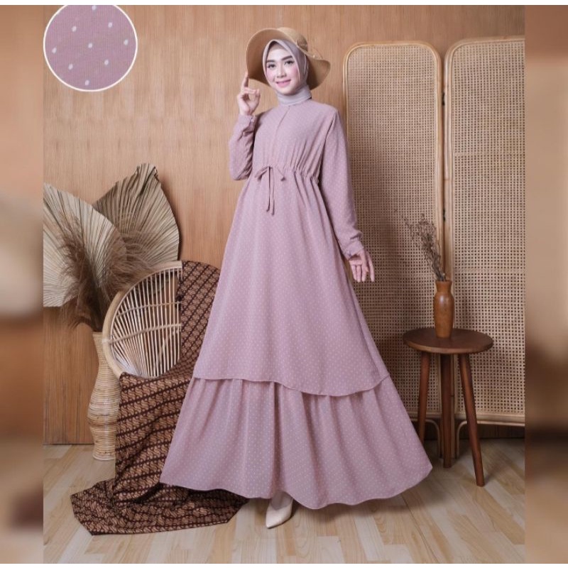 gamis terbaru bahan ceruti full furing polkadot