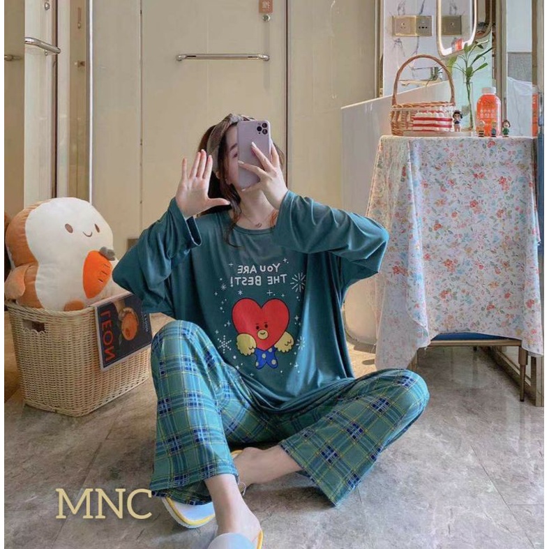 PIYAMA PP WANITA IMPORT SPANDEX|BIGSIZE|JUMBO/SET OVERSIZE/BAJU TIDUR lengan panjang-PP.BZ TATA GREEN
