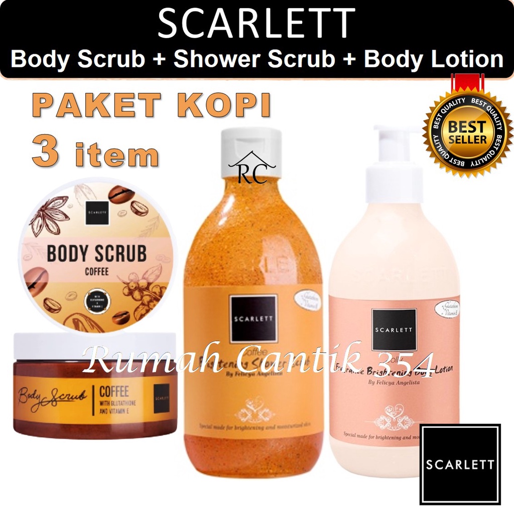 Paket 3 in 1 Scarlett Whitening Body Scrub Coffee + Shower Scrub Coffee + Body Lotion Jolly Rumah Cantik 354 Perawatan Tubuh