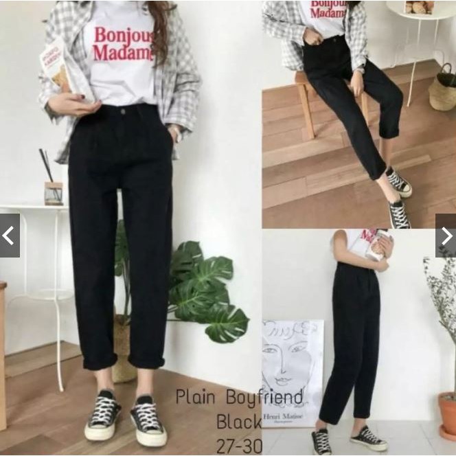 HOPYLOVY Plain Boyfriend Hitam / Celana Boyfriend Jeans Wanita Hitam