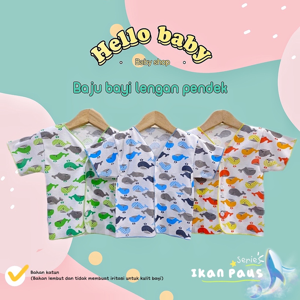 BAJU BAYI TANGAN PENDEK DAN CELANA PENDEK BAYI MOTIF PAUS SIZE 0 - 3 BULAN SNI SAFFENDA