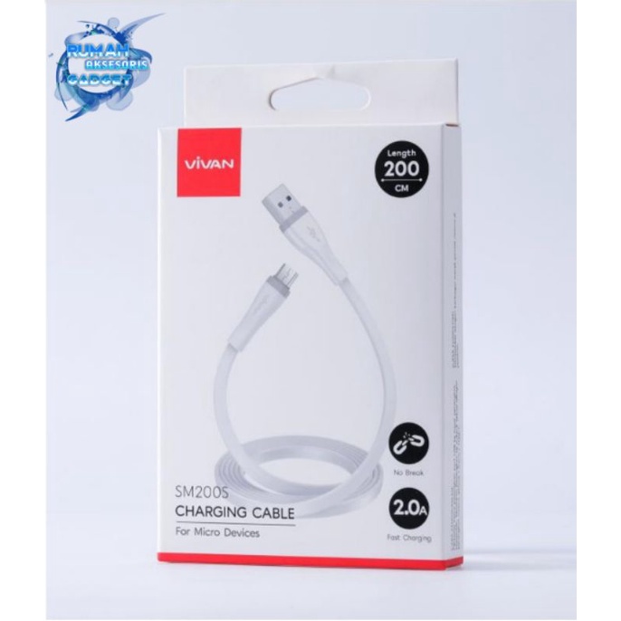 Kabel data Vivan Micro USB SM200S 2A TIPE C SC200S 2,4A flat panjang 200 cm fast charging