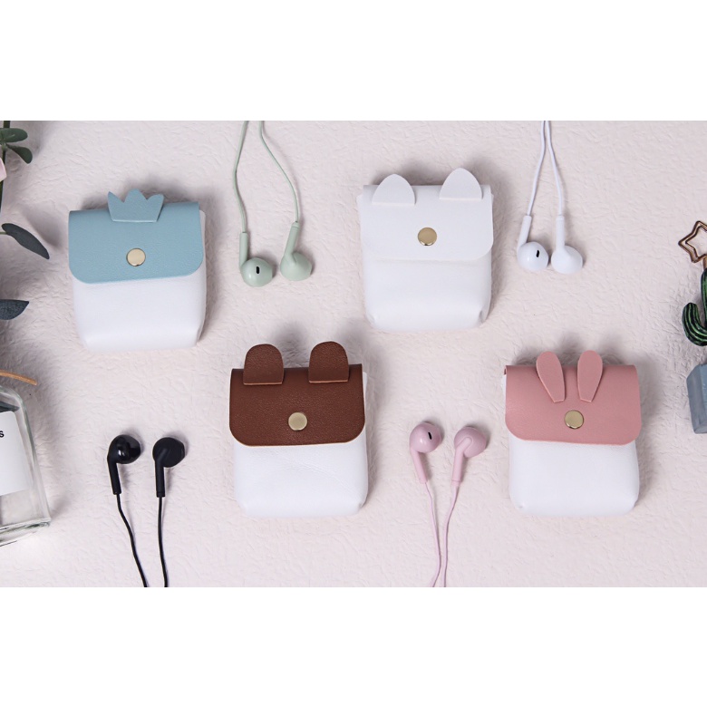 [KN-8229] Set Headset Earphone Wadah Dompet Kulit ANIMAL EARS / Wadah Earphone Karakter Telinga Hewan Lucu / Earphone Ear Animals