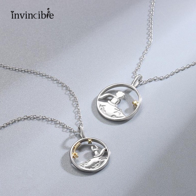 Kalung Rantai Klavikula Dengan Liontin Hewan Pangeran Dua Warna Bahan Alloy Untuk Pasangan