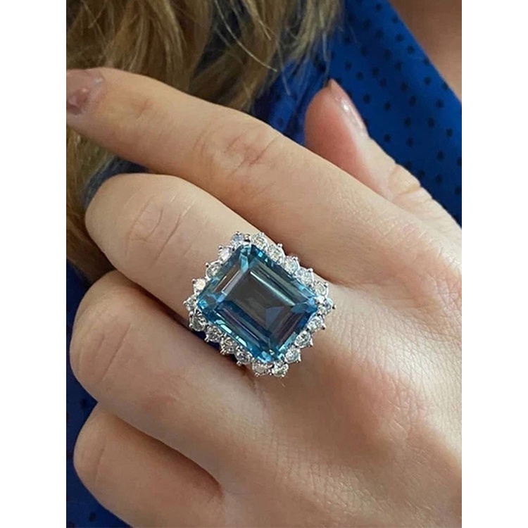 Cincin Bentuk Persegi Geometris Aksen Kubik Zirkonia Biru Untuk Aksesoris Perhiasan Wanita