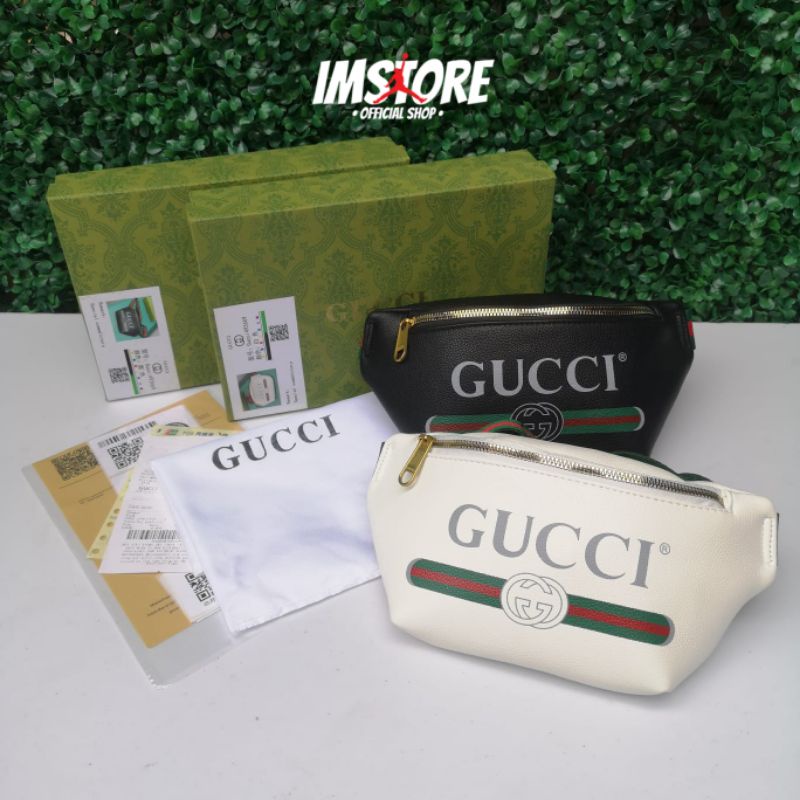 Waistbag Gucci Signature Leather FullSet Black/White-Gold Free Box/Tas pinggang pria dan wanita gucc