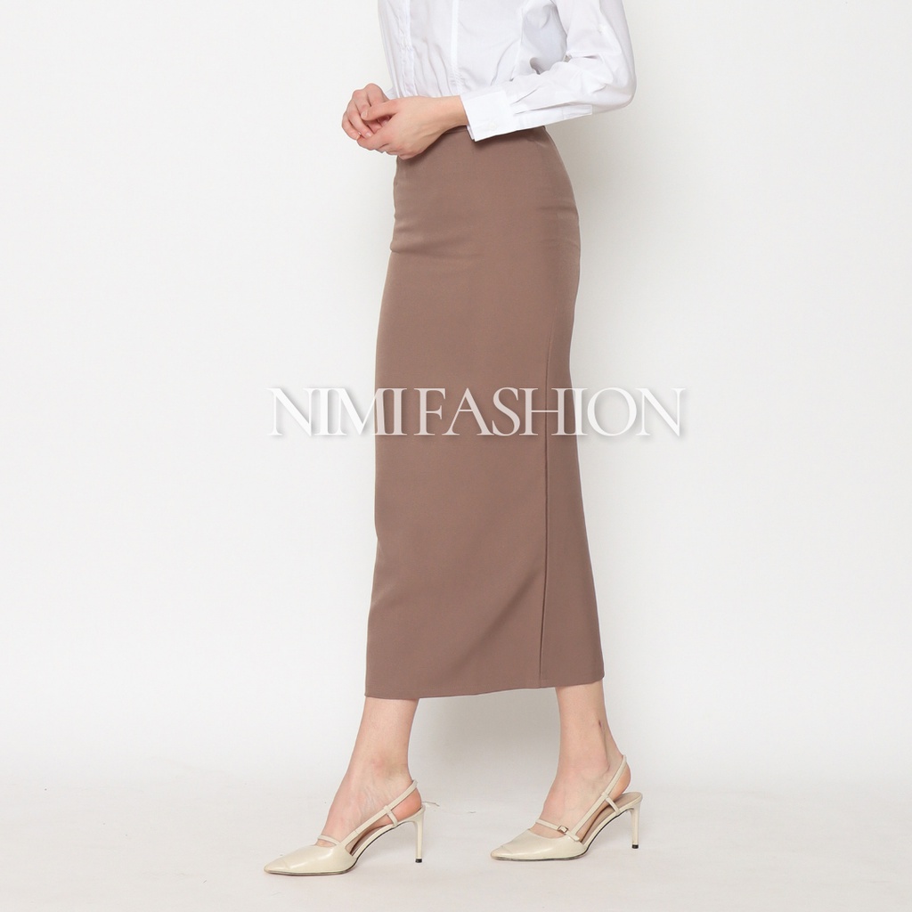 NIMI - Rok Kerja Kantor Cream Span Rempel Belakang Putih Panjang Wanita