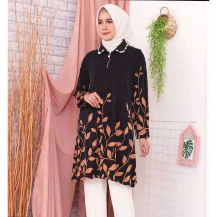 Fashion Baju Atasan Tunik XL Full Kancing  Motif Daun Bunga Terbaru RF7178
