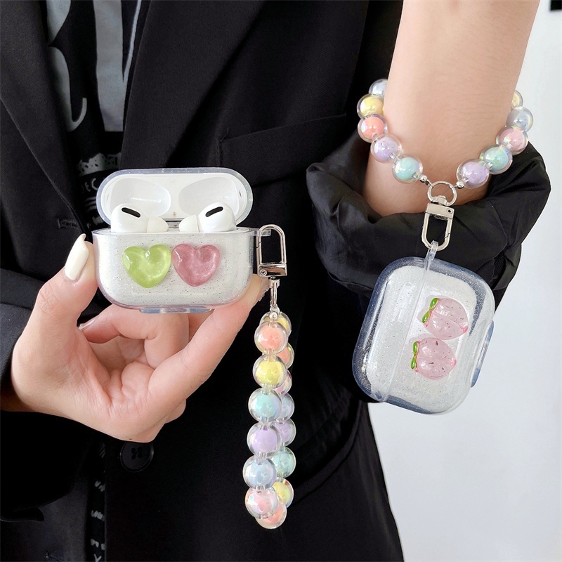 Casing Soft Case Silikon Motif Kartun Aksen Glitter + Strap Mutiara Untuk AirPods 1 / 2 / 3 Pro