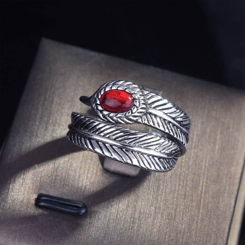 Fancyqube Fancycube Cincin Sterling Silver 925 Bentuk Bulu Aksen Ruby Handmade