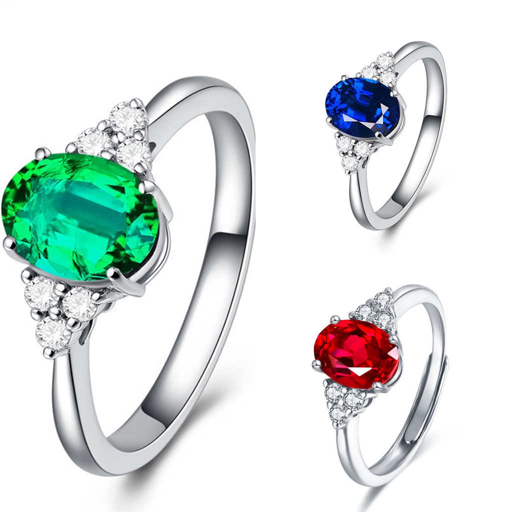 S925 Silver Colored Gems Ring Inlaid Sapphire Emerald Opening Adjustable Female