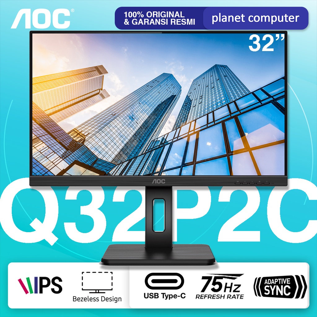 Monitor LED AOC Q32P2C 32&quot; IPS QHD 75Hz HDMI DP USB-C USB Port VESA