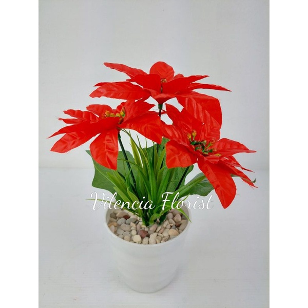 Tanaman hias bunga kastuba merah natal palsu artificial dekorasi pajangan meja